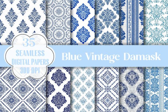 Blue Vintage Damask Seamless Patterns