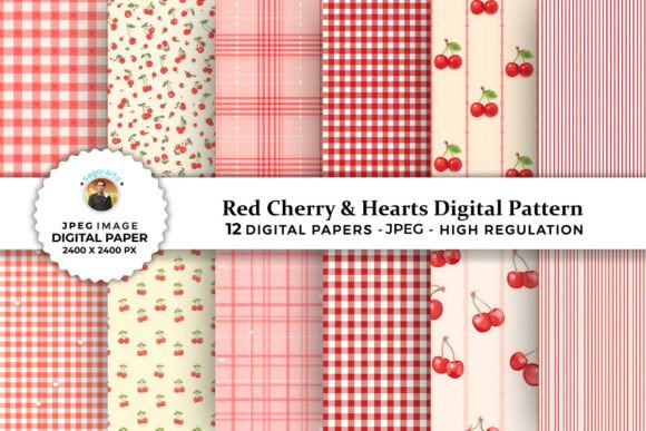 Red Cherry Hearts Digital Patterns for Creative Projects